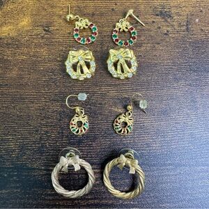 Vintage Gold Wreath Earrings with Red, Green, and Clear Accents